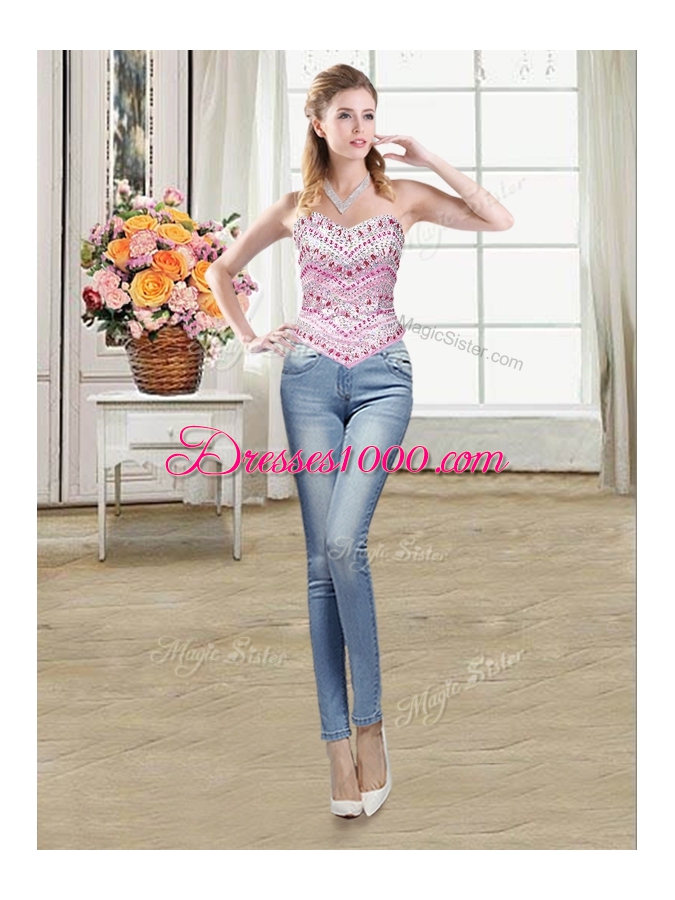 Fine Three Piece Tulle Sweetheart Sleeveless Lace Up Beading Sweet 16 Dress in Rose Pink