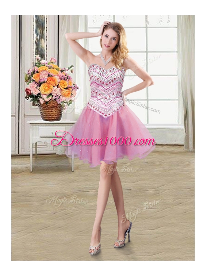 Fine Three Piece Tulle Sweetheart Sleeveless Lace Up Beading Sweet 16 Dress in Rose Pink
