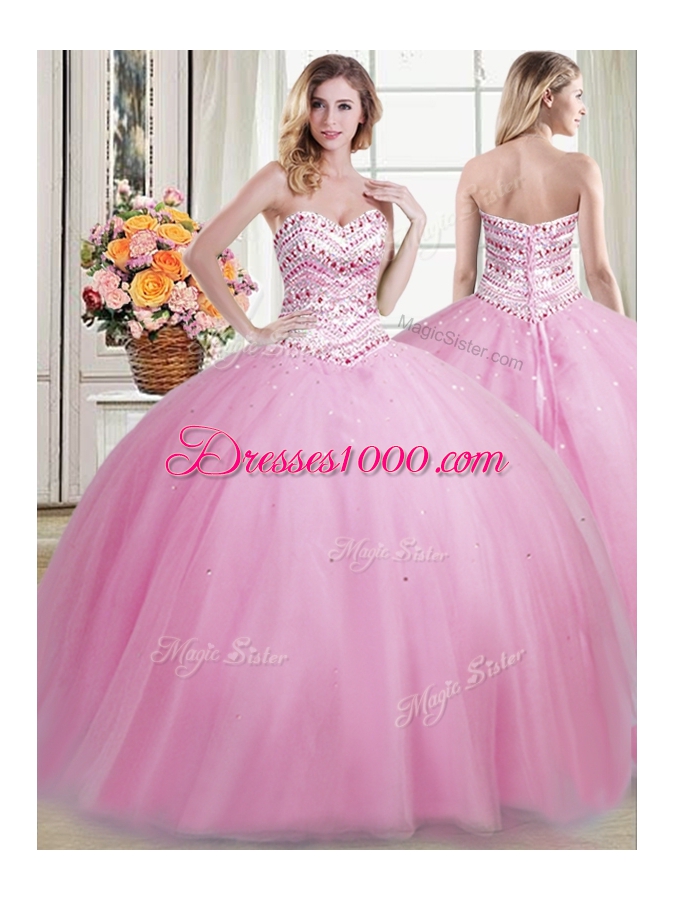 Fine Three Piece Tulle Sweetheart Sleeveless Lace Up Beading Sweet 16 Dress in Rose Pink
