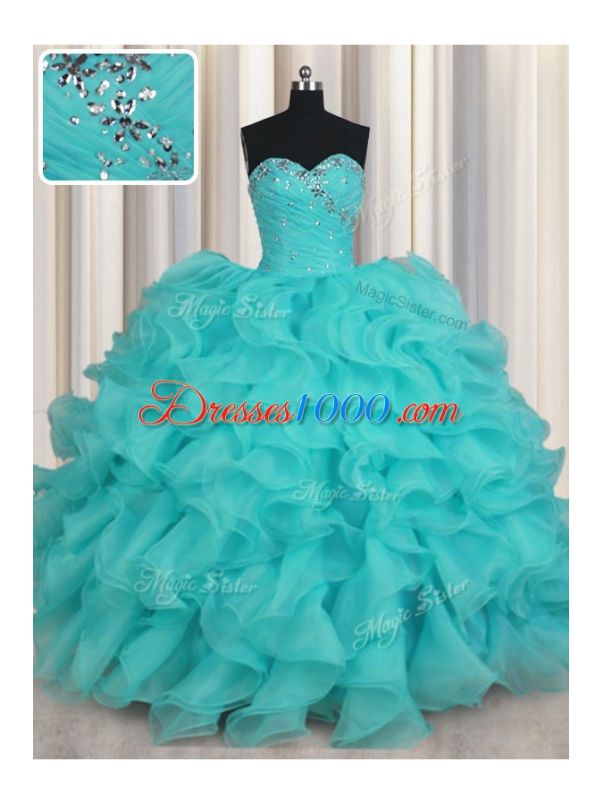 Floor Length Lace Up Quinceanera Gown Aqua Blue and In for Military Ball and Sweet 16 and Quinceanera with Beading and Ruffles
