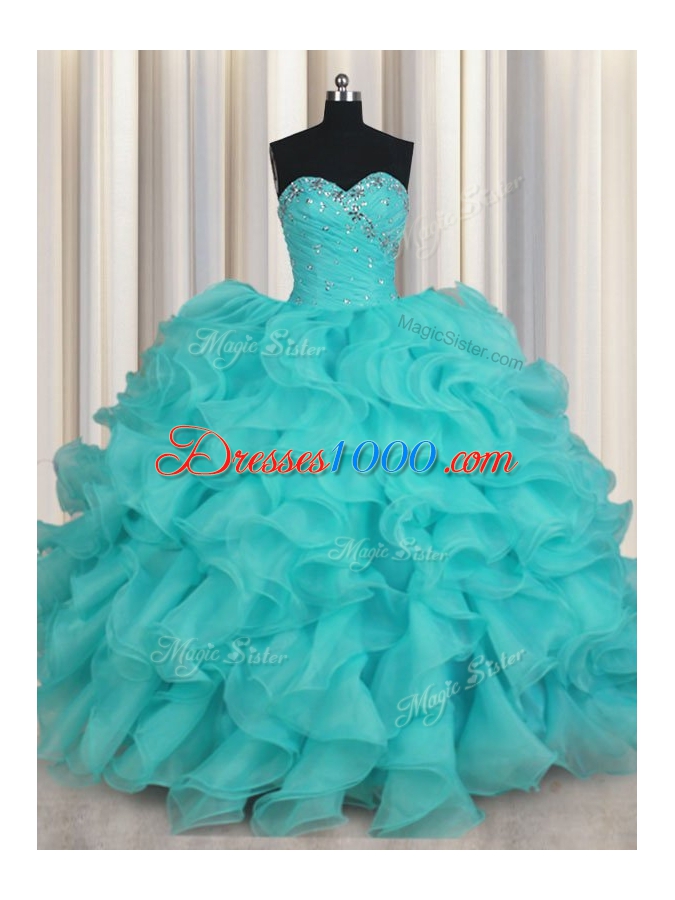 Floor Length Lace Up Quinceanera Gown Aqua Blue and In for Military Ball and Sweet 16 and Quinceanera with Beading and Ruffles