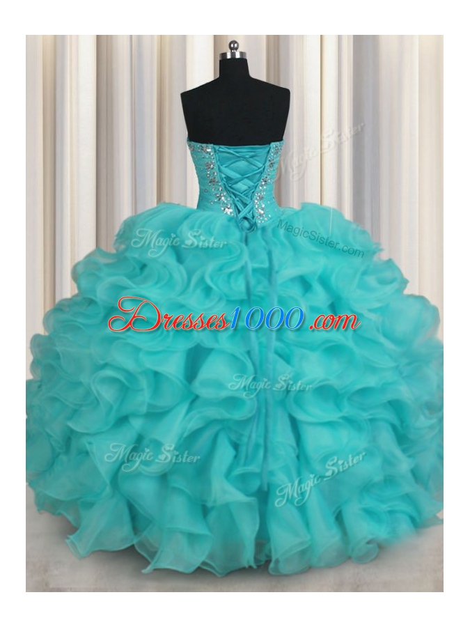 Floor Length Lace Up Quinceanera Gown Aqua Blue and In for Military Ball and Sweet 16 and Quinceanera with Beading and Ruffles