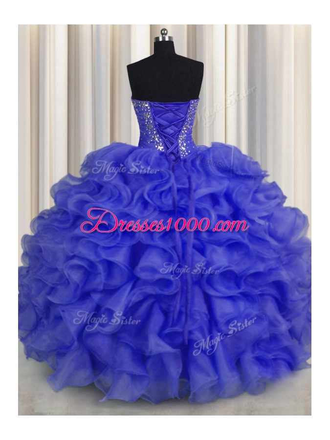 Floor Length Royal Blue Sweet 16 Quinceanera Dress Organza Sleeveless Beading and Ruffles