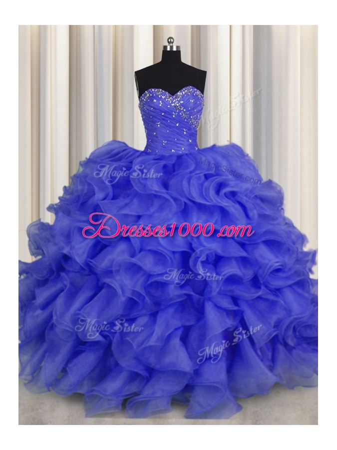 Floor Length Royal Blue Sweet 16 Quinceanera Dress Organza Sleeveless Beading and Ruffles