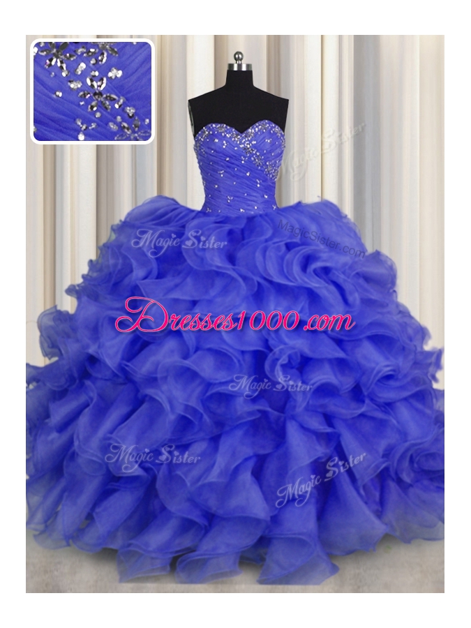 Floor Length Royal Blue Sweet 16 Quinceanera Dress Organza Sleeveless Beading and Ruffles