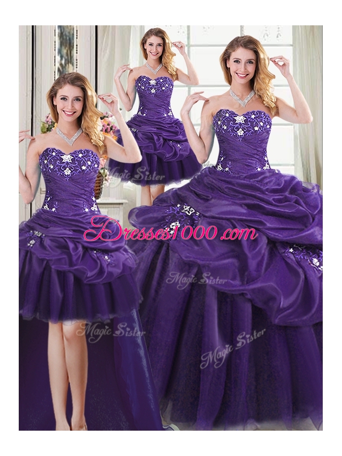 Four Piece Sleeveless Beading and Appliques and Pick Ups Lace Up Quinceanera Dress