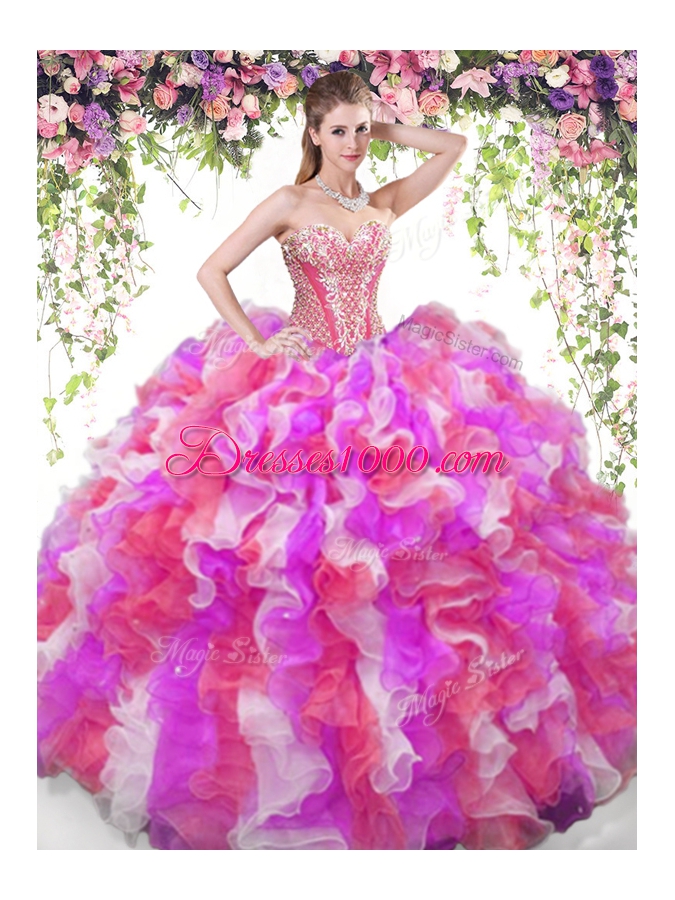 Graceful Multi-color Lace Up Vestidos de Quinceanera Beading and Ruffles Sleeveless Floor Length
