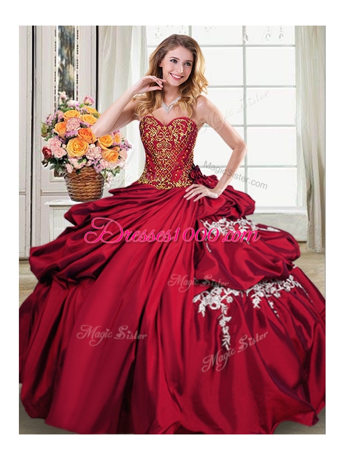 Graceful Sleeveless Floor Length Beading and Appliques and Pick Ups Lace Up Quinceanera Dress with Wine Red
