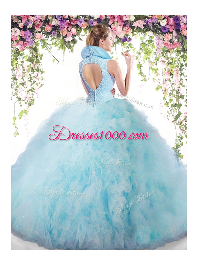 Hot Sale Backless Baby Pink Sleeveless Beading and Ruffles Floor Length Sweet 16 Dress