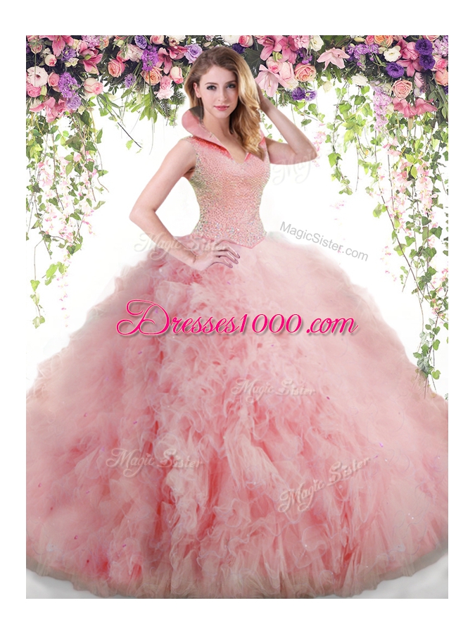 Hot Sale Backless Baby Pink Sleeveless Beading and Ruffles Floor Length Sweet 16 Dress