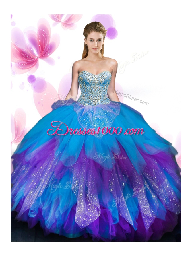 Multi-color Sweetheart Lace Up Beading and Ruffles 15 Quinceanera Dress Sleeveless