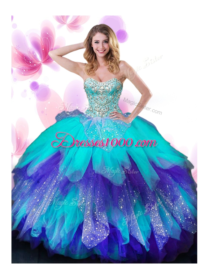 Multi-color Sweetheart Lace Up Beading and Ruffles 15 Quinceanera Dress Sleeveless