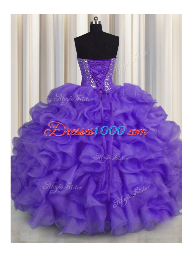 New Arrival Lavender Ball Gowns Beading and Ruffles Quinceanera Dress Lace Up Organza Sleeveless Floor Length