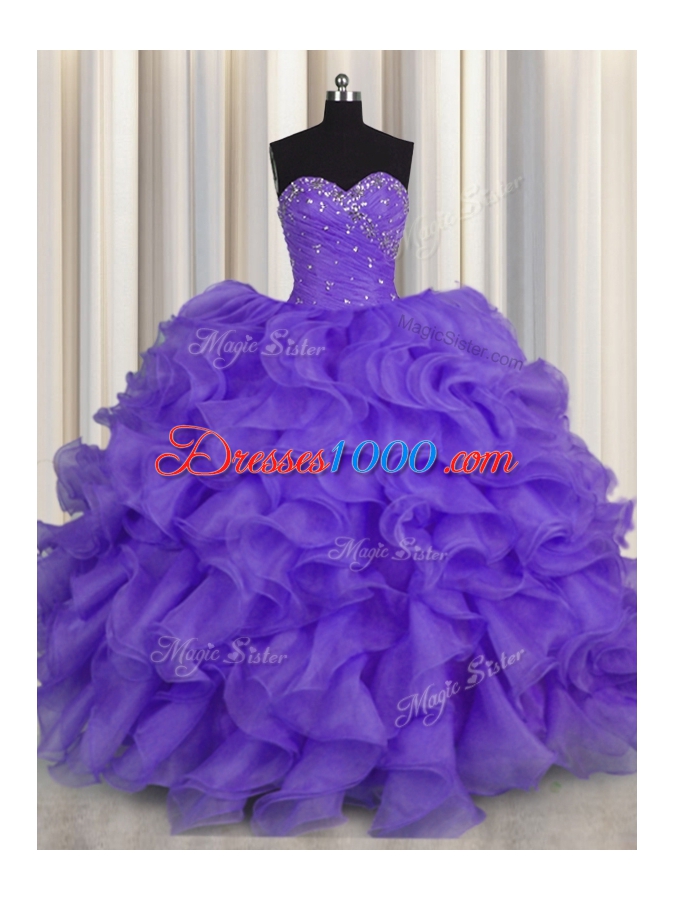 New Arrival Lavender Ball Gowns Beading and Ruffles Quinceanera Dress Lace Up Organza Sleeveless Floor Length