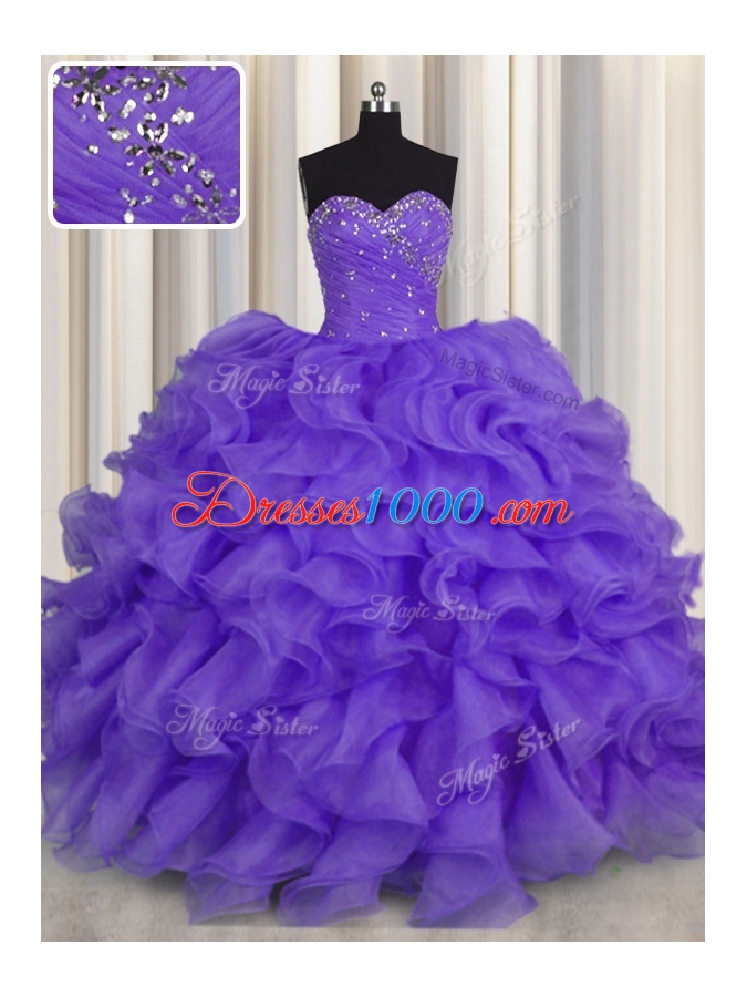 New Arrival Lavender Ball Gowns Beading and Ruffles Quinceanera Dress Lace Up Organza Sleeveless Floor Length