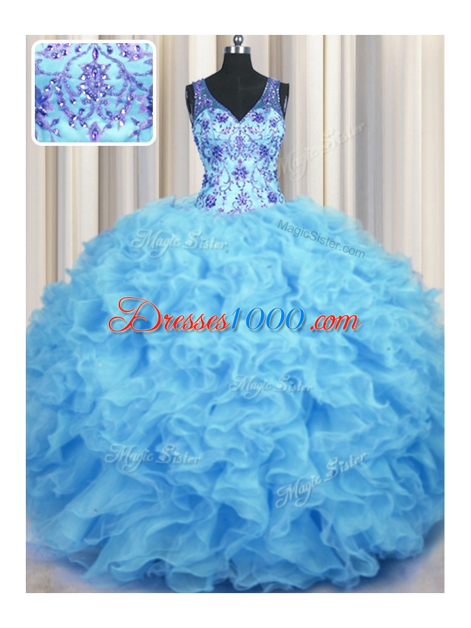 Noble V Neck Baby Blue Organza Zipper Quinceanera Dresses Sleeveless Floor Length Beading and Appliques and Ruffles