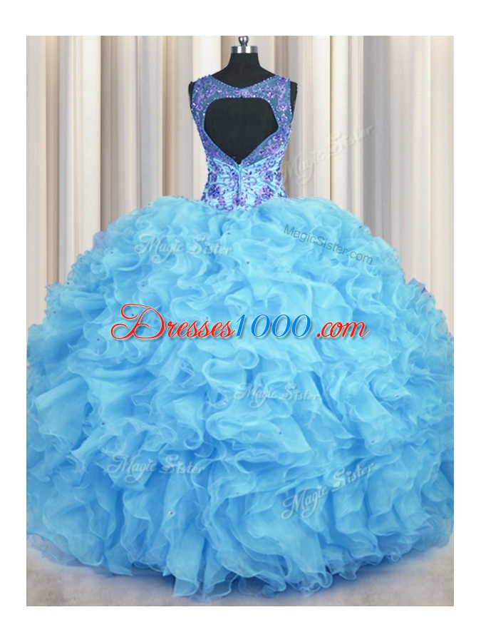 Noble V Neck Baby Blue Organza Zipper Quinceanera Dresses Sleeveless Floor Length Beading and Appliques and Ruffles