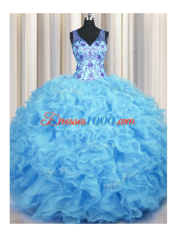 Noble V Neck Baby Blue Organza Zipper Quinceanera Dresses Sleeveless Floor Length Beading and Appliques and Ruffles