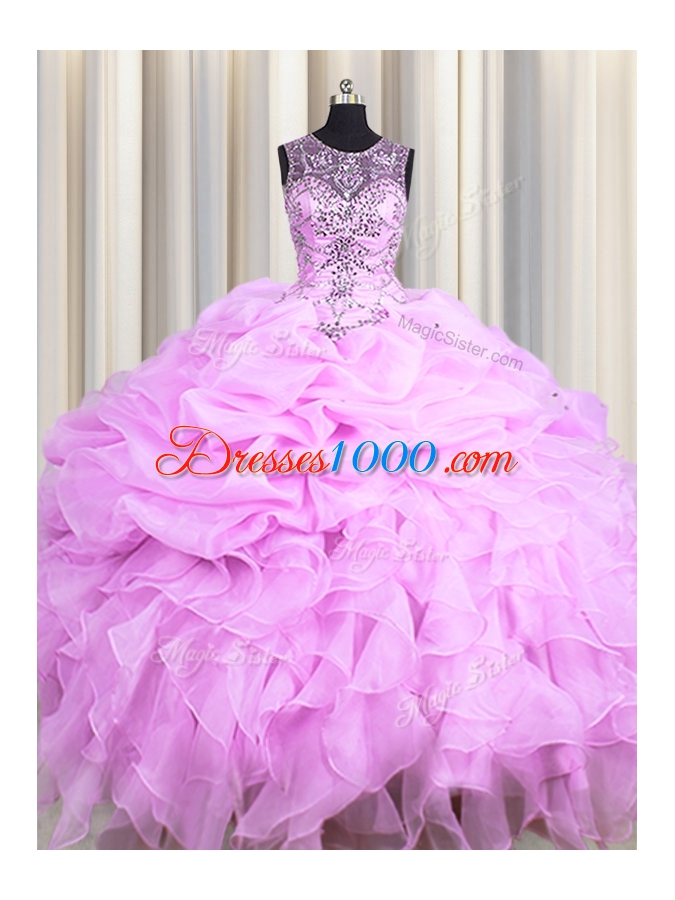 Perfect Scoop See Through Sleeveless Lace Up Floor Length Beading and Ruffles and Pick Ups Sweet 16 Dress