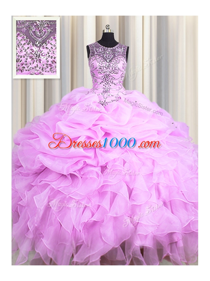 Perfect Scoop See Through Sleeveless Lace Up Floor Length Beading and Ruffles and Pick Ups Sweet 16 Dress