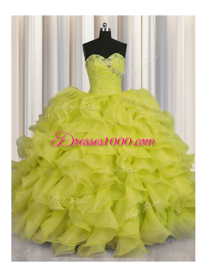 Pretty Floor Length Yellow Green Vestidos de Quinceanera Organza Sleeveless Beading and Ruffles
