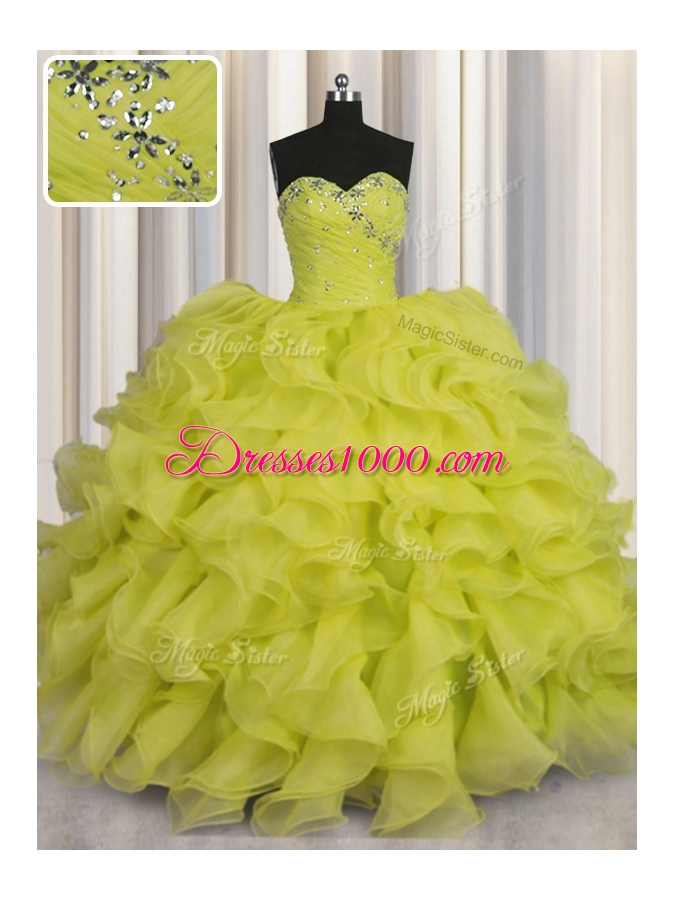 Pretty Floor Length Yellow Green Vestidos de Quinceanera Organza Sleeveless Beading and Ruffles