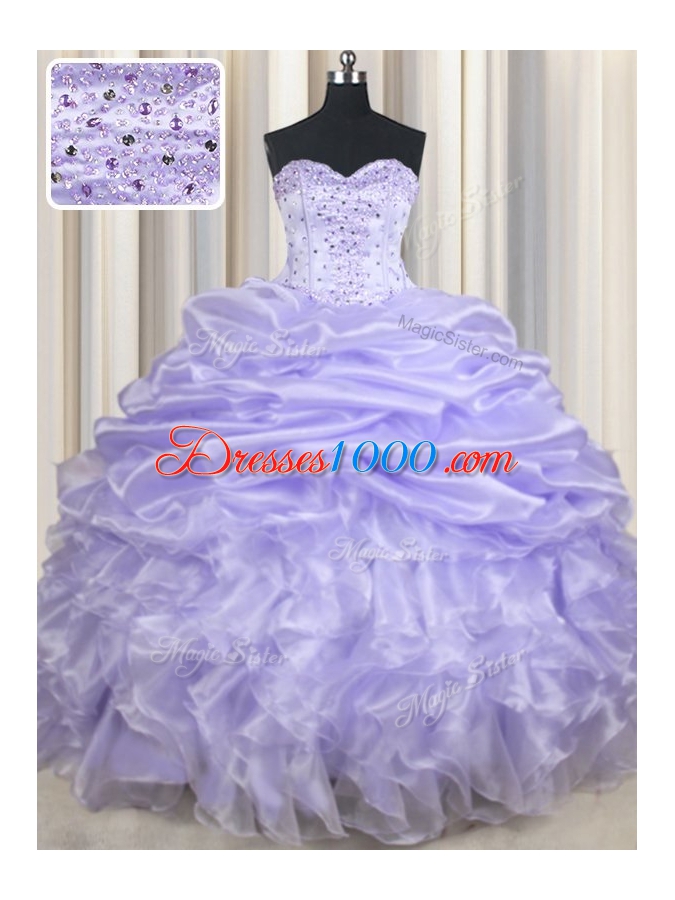 Pretty Lavender Sleeveless Floor Length Beading and Ruffles and Pick Ups Lace Up Quinceanera Dresses