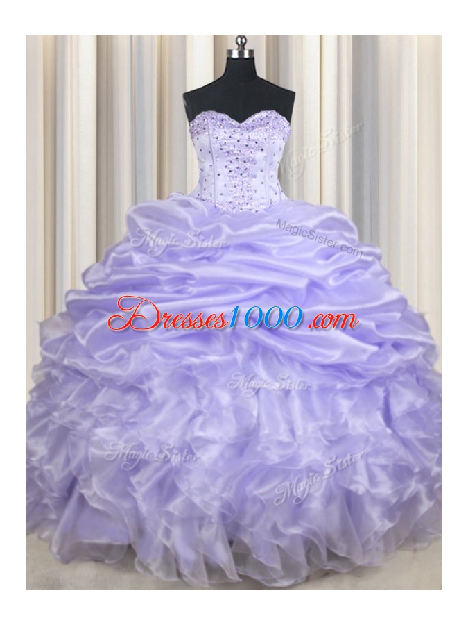 Pretty Lavender Sleeveless Floor Length Beading and Ruffles and Pick Ups Lace Up Quinceanera Dresses