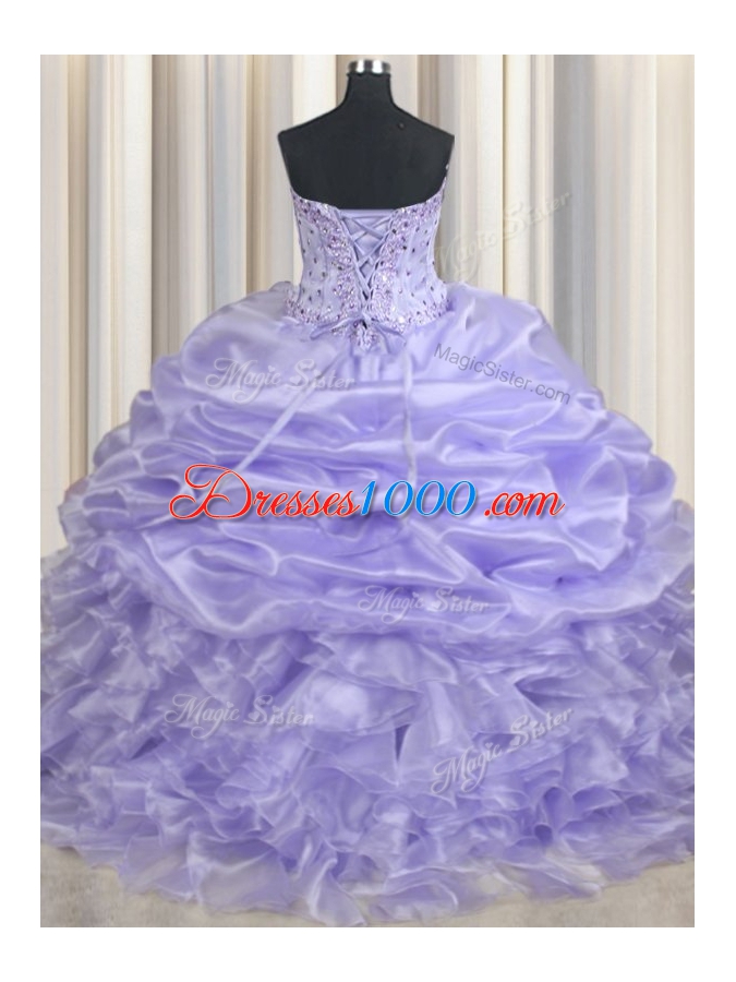 Pretty Lavender Sleeveless Floor Length Beading and Ruffles and Pick Ups Lace Up Quinceanera Dresses
