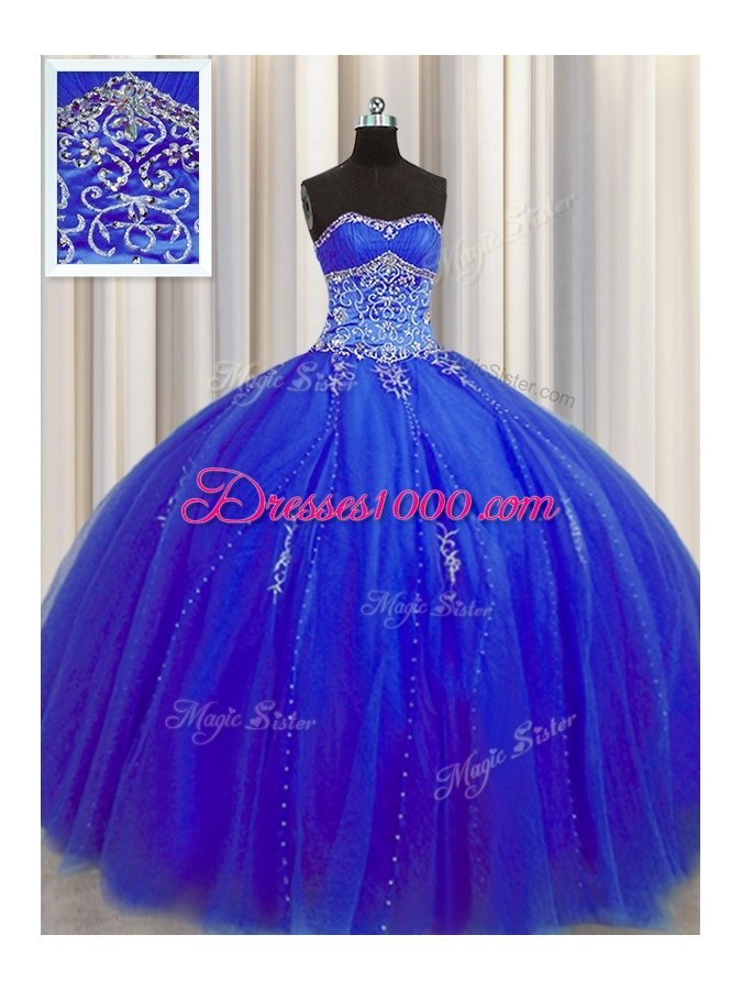 Puffy Skirt Royal Blue Ball Gowns Beading and Appliques Sweet 16 Quinceanera Dress Lace Up Tulle Sleeveless Floor Length