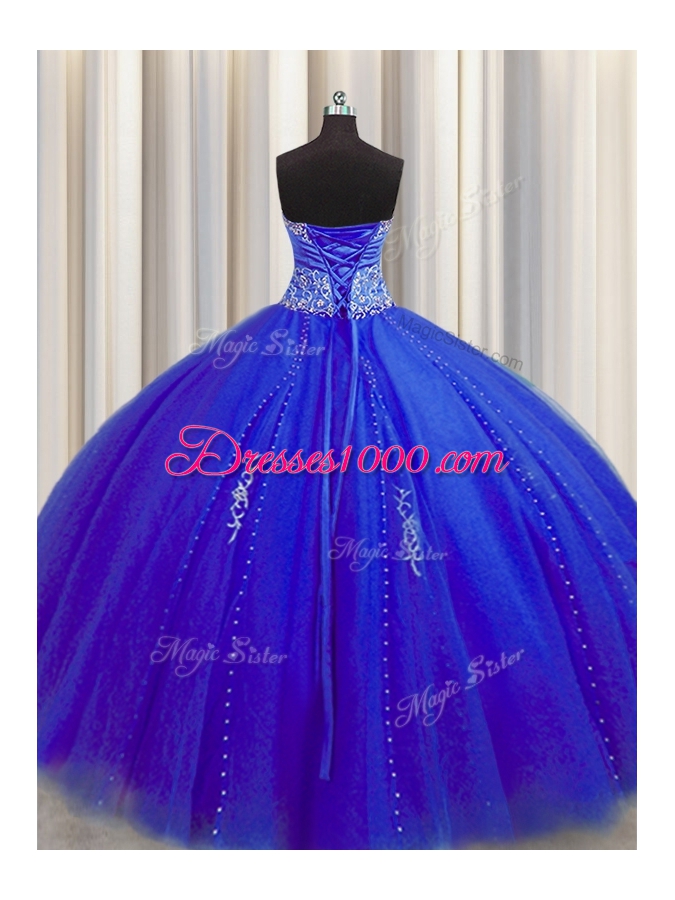 Puffy Skirt Royal Blue Ball Gowns Beading and Appliques Sweet 16 Quinceanera Dress Lace Up Tulle Sleeveless Floor Length