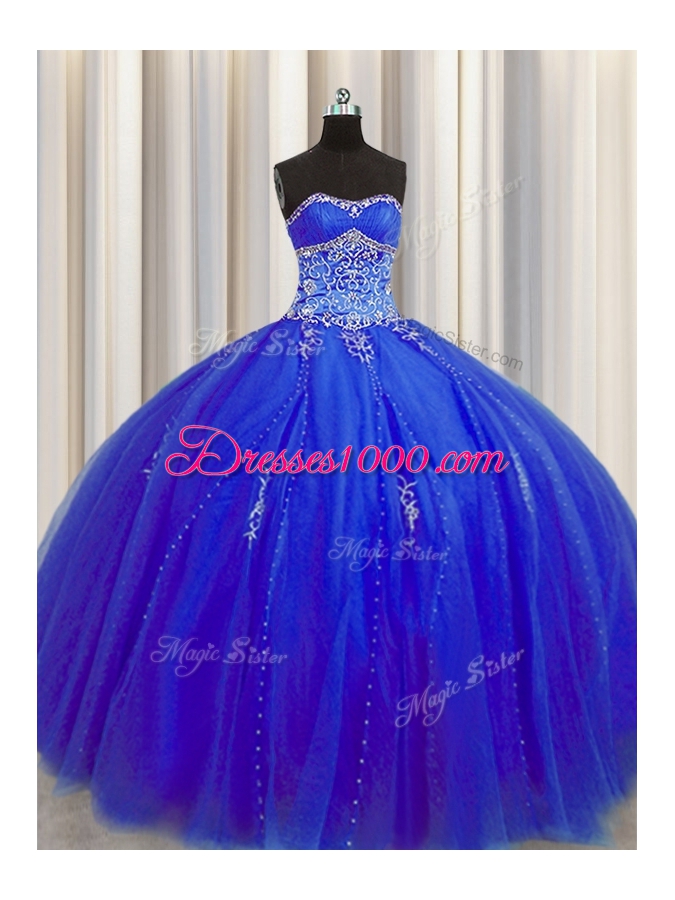 Puffy Skirt Royal Blue Ball Gowns Beading and Appliques Sweet 16 Quinceanera Dress Lace Up Tulle Sleeveless Floor Length