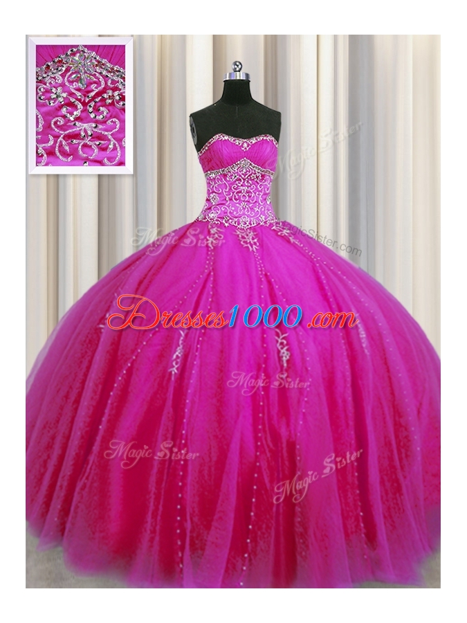 Really Puffy Floor Length Ball Gowns Sleeveless Fuchsia Quinceanera Gowns Lace Up
