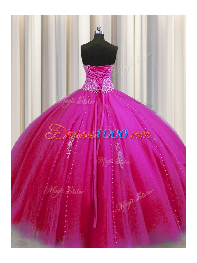Really Puffy Floor Length Ball Gowns Sleeveless Fuchsia Quinceanera Gowns Lace Up