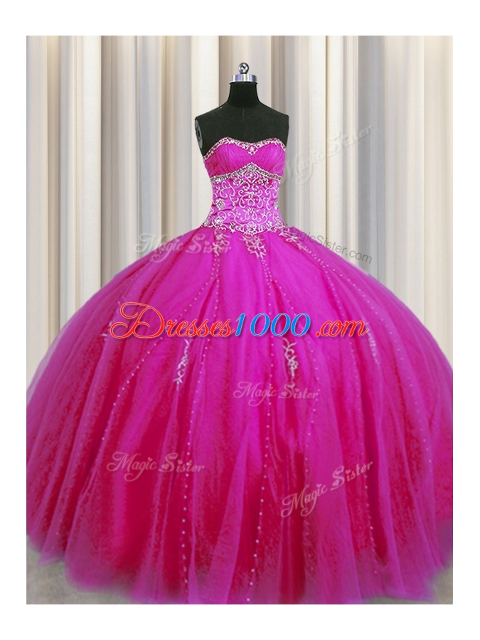 Really Puffy Floor Length Ball Gowns Sleeveless Fuchsia Quinceanera Gowns Lace Up