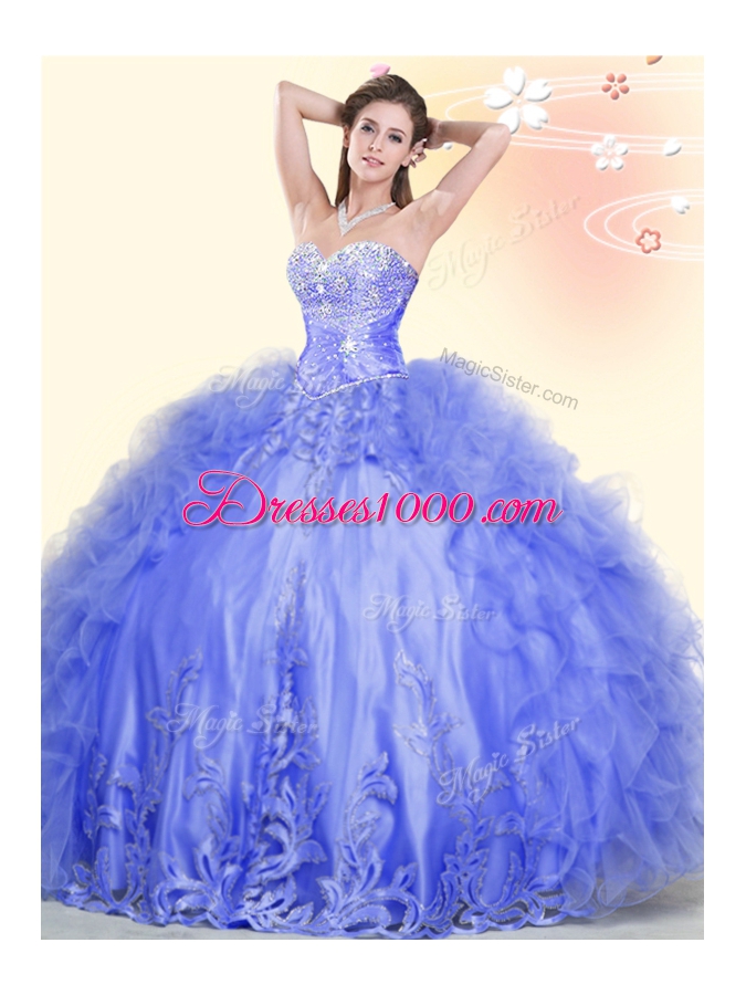 Romantic Blue Ball Gowns Tulle Sweetheart Sleeveless Beading and Ruffles Floor Length Lace Up Vestidos de Quinceanera