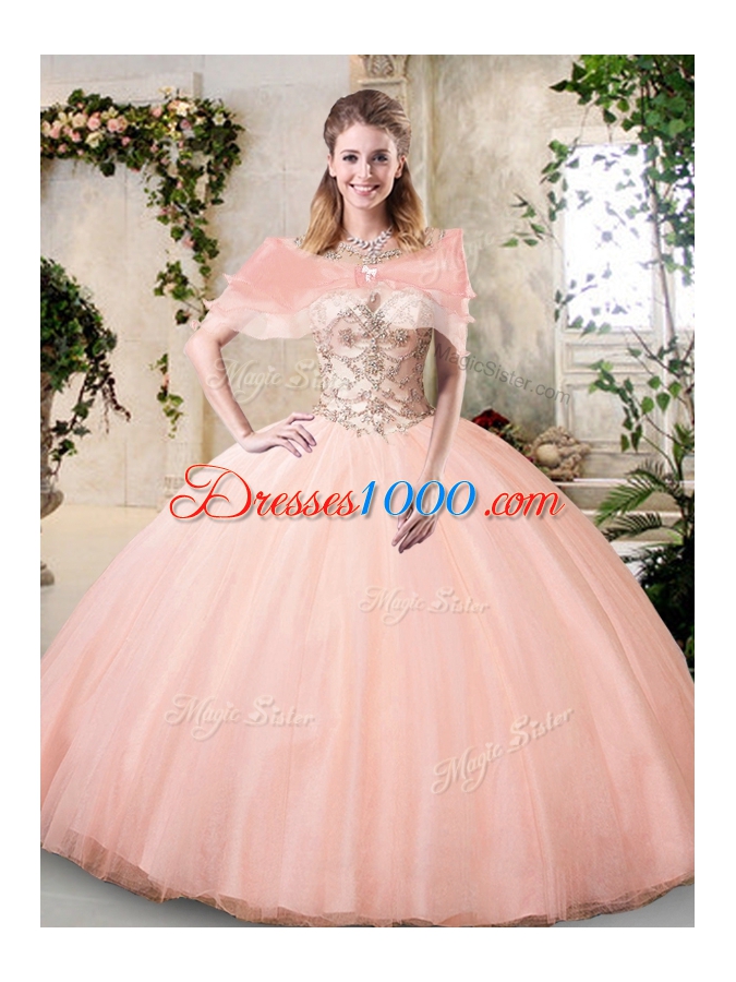 Sexy Scoop Floor Length Lace Up Sweet 16 Dresses Peach and In for Military Ball and Sweet 16 and Quinceanera with Beading