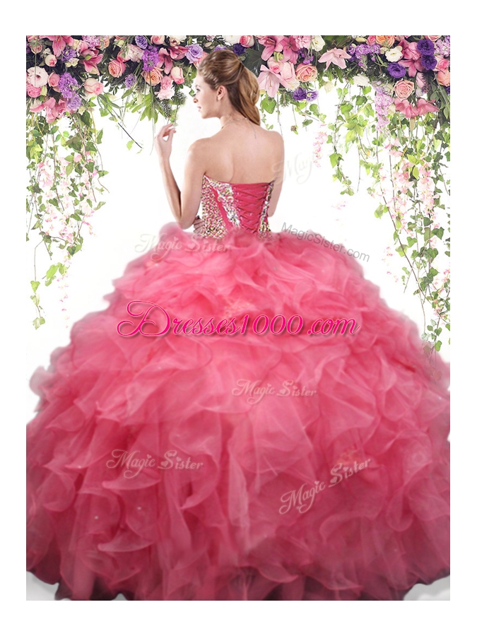 Sophisticated Coral Red Organza Lace Up Sweetheart Sleeveless Floor Length Vestidos de Quinceanera Beading and Ruffles