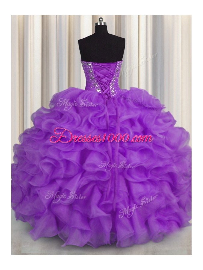 Superior Purple Organza Lace Up 15 Quinceanera Dress Sleeveless Floor Length Beading and Ruffles
