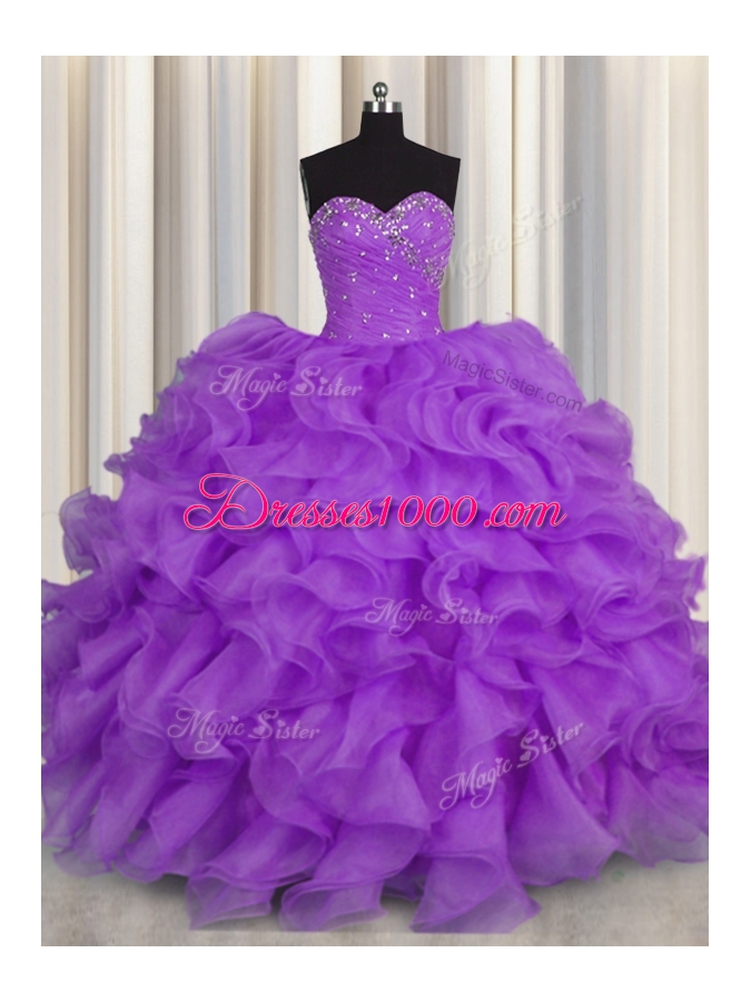 Superior Purple Organza Lace Up 15 Quinceanera Dress Sleeveless Floor Length Beading and Ruffles