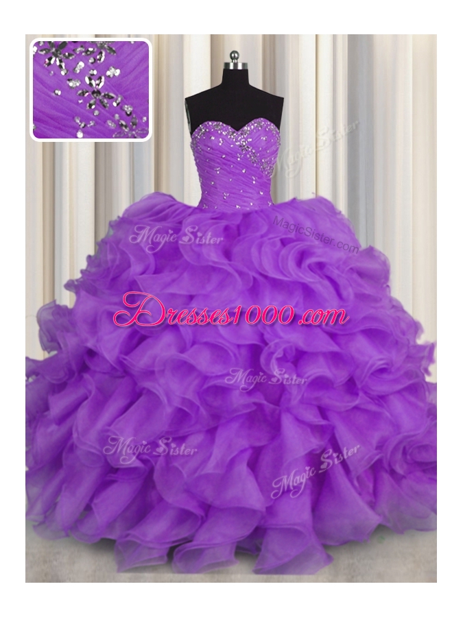 Superior Purple Organza Lace Up 15 Quinceanera Dress Sleeveless Floor Length Beading and Ruffles