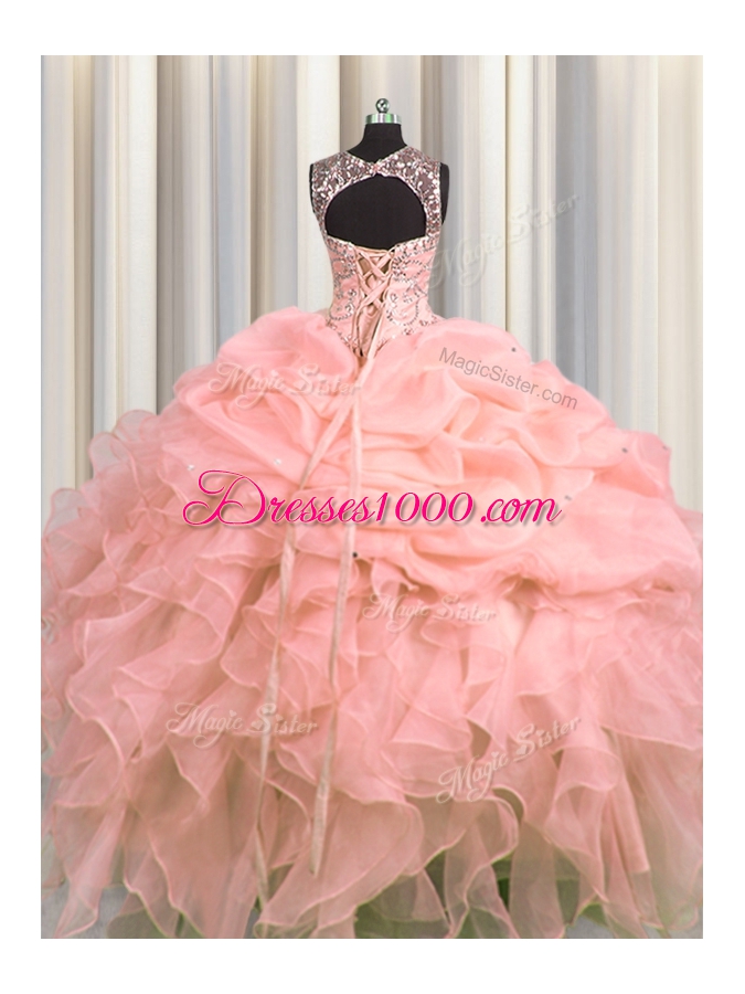 Sweet Scoop See Through Sleeveless Beading and Ruffles and Pick Ups Lace Up Ball Gown Prom Dress