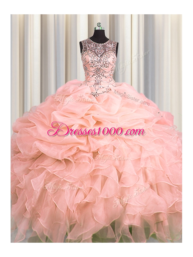 Sweet Scoop See Through Sleeveless Beading and Ruffles and Pick Ups Lace Up Ball Gown Prom Dress