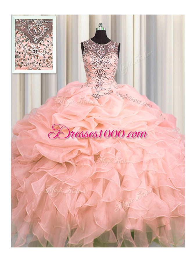 Sweet Scoop See Through Sleeveless Beading and Ruffles and Pick Ups Lace Up Ball Gown Prom Dress