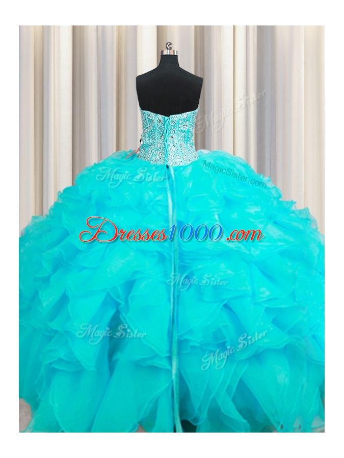 Visible Boning Beaded Bodice Sweetheart Sleeveless Quince Ball Gowns Floor Length Beading and Ruffles Aqua Blue Organza