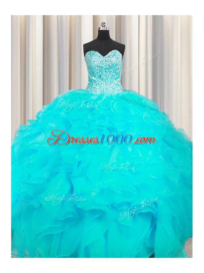 Visible Boning Beaded Bodice Sweetheart Sleeveless Quince Ball Gowns Floor Length Beading and Ruffles Aqua Blue Organza