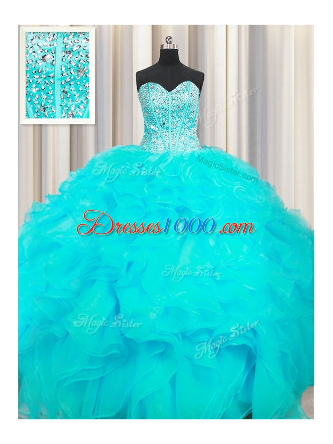 Visible Boning Beaded Bodice Sweetheart Sleeveless Quince Ball Gowns Floor Length Beading and Ruffles Aqua Blue Organza