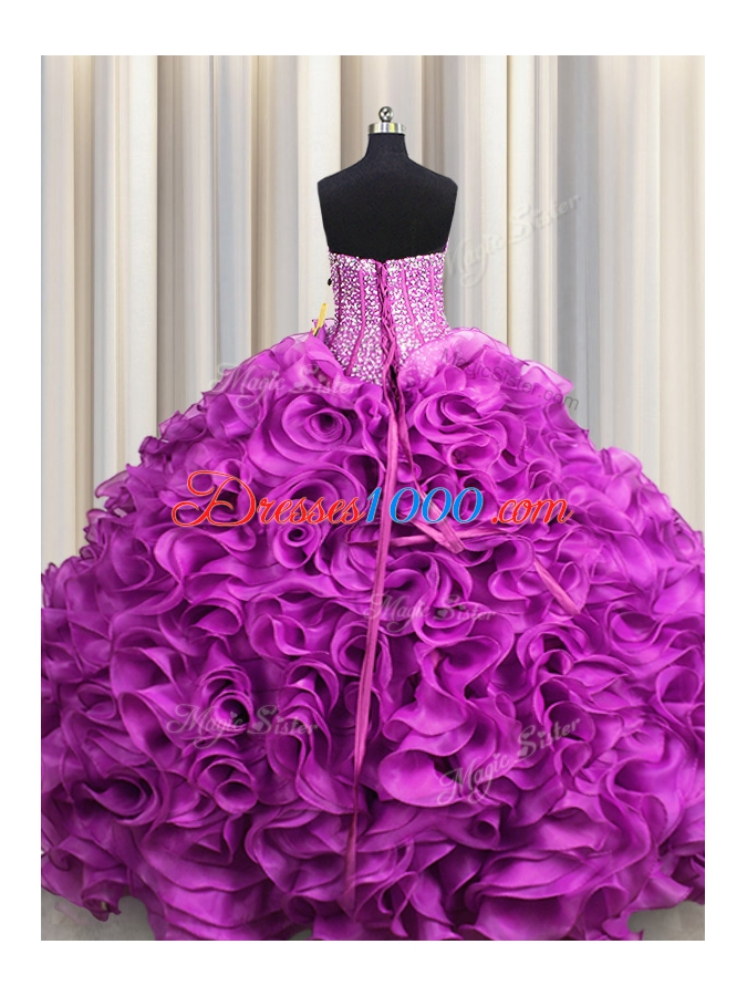Amazing Visible Boning Floor Length Fuchsia Vestidos de Quinceanera Organza Sleeveless Beading and Ruffles