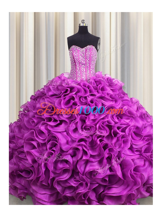 Amazing Visible Boning Floor Length Fuchsia Vestidos de Quinceanera Organza Sleeveless Beading and Ruffles