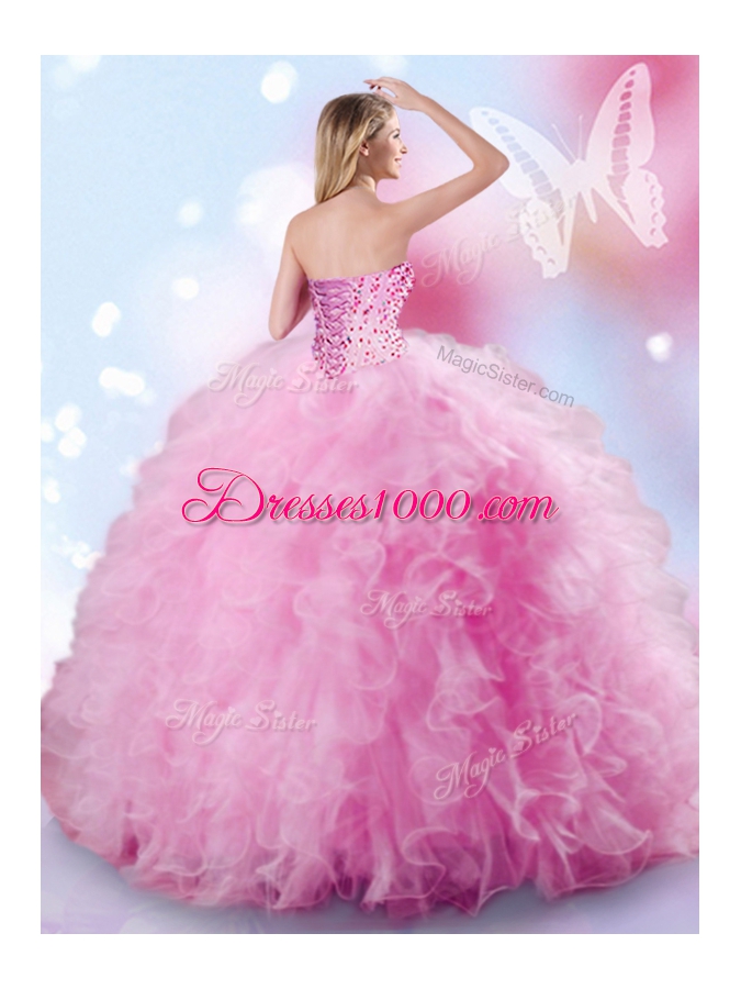 Baby Blue Lace Up Quinceanera Dress Beading and Ruffles Sleeveless Floor Length